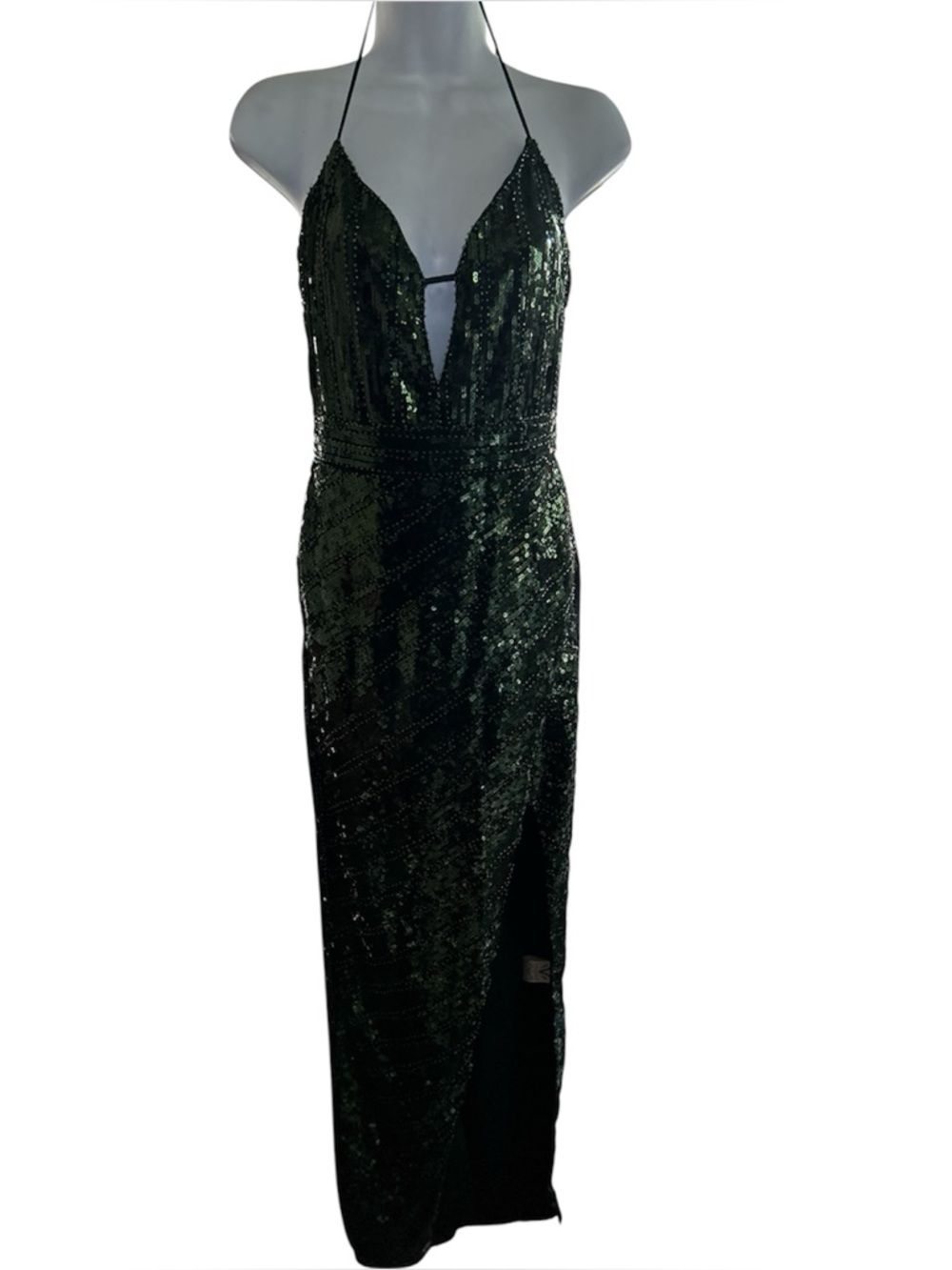 Valiant Paris Elegant Green Sequin Gown Dress High Slit Size Small